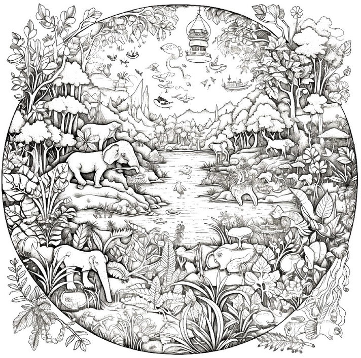 malvorlage-tiere-in-der-natur-mit-elefanten-und-voegeln