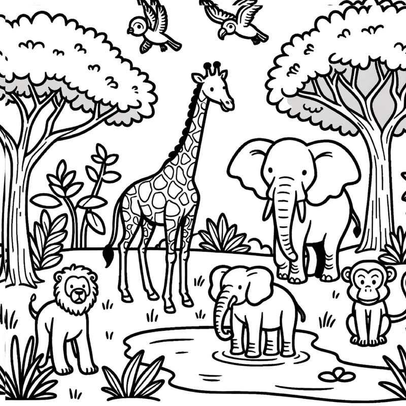 malvorlage-tierwelt-giraffe-elefant-loewe