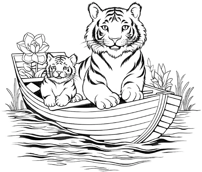 malvorlage-tiger-im-boot-mit-baby-und-blumen