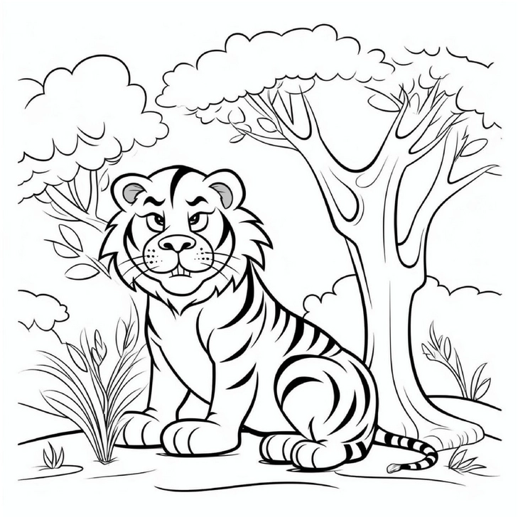 malvorlage-tiger-im-dschungel-mit-baum-und-pflanzen