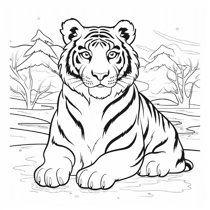 malvorlage-tiger-in-der-natur-mit-bergen-und-baeumen