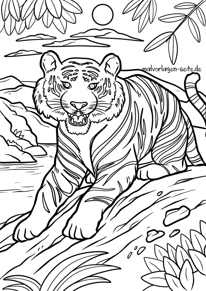 malvorlage-tiger-in-der-natur-mit-sonne