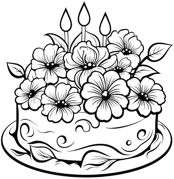 malvorlage-torte-mit-blumen-und-kerzen