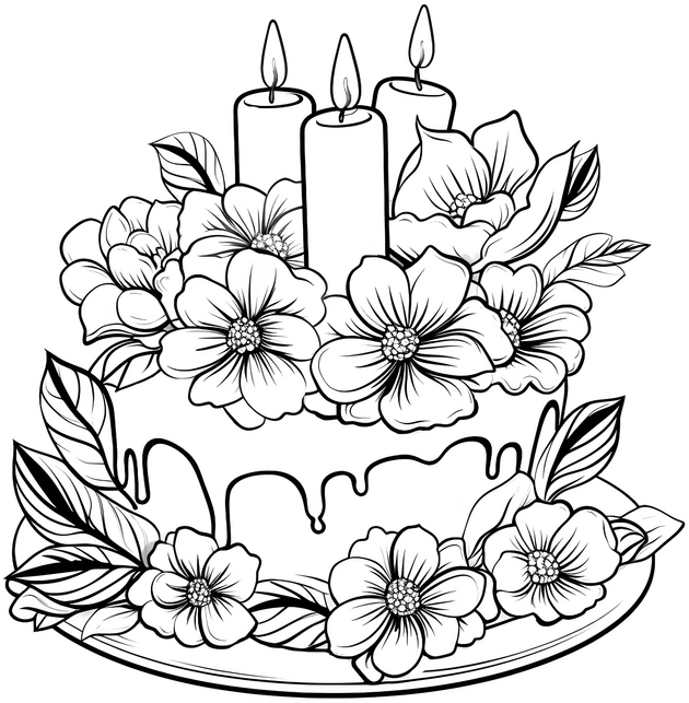 malvorlage-torte-mit-blumen-und-kerzen