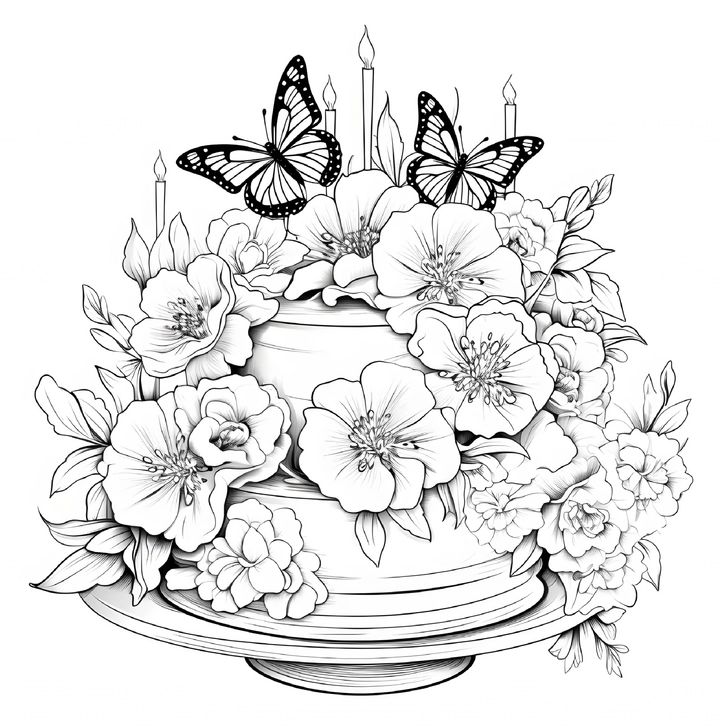 malvorlage-torte-mit-blumen-und-schmetterlingen