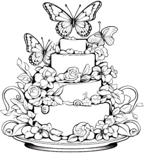malvorlage-torte-mit-schmetterlingen-und-blumen