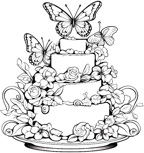 malvorlage-torte-mit-schmetterlingen-und-blumen