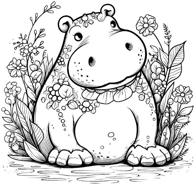 malvorlage-traeumendes-nilpferd-blumenmeer