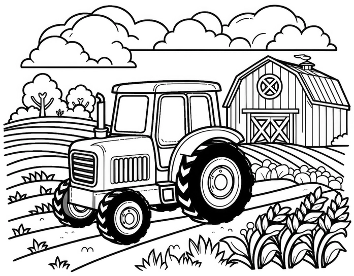 malvorlage-traktor-bauernhof-scheune-landschaft