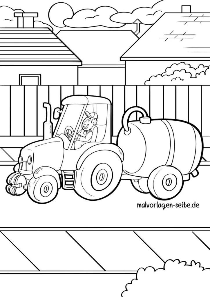 malvorlage-traktor-fahrer-auf-strasse-im-laendlichen-umfeld