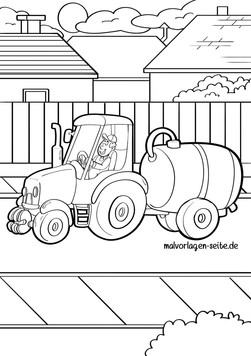 malvorlage-traktor-fahrer-auf-strasse-im-laendlichen-umfeld