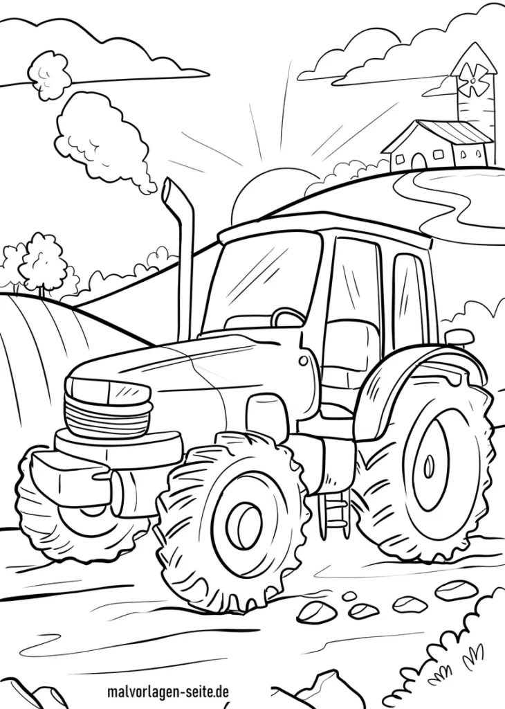 malvorlage-traktor-in-der-landschaft-mit-bauernhof