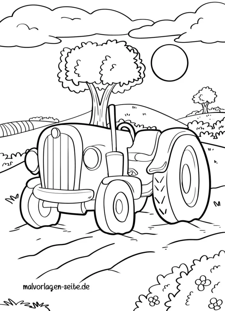 malvorlage-traktor-in-der-natur-mit-baeumen-und-sonne