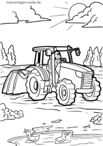 malvorlage-traktor-in-der-natur-mit-enten