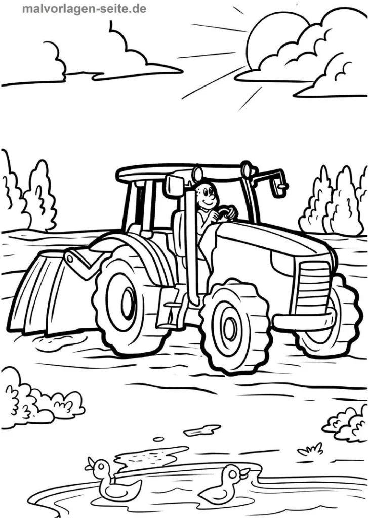 malvorlage-traktor-in-der-natur-mit-enten