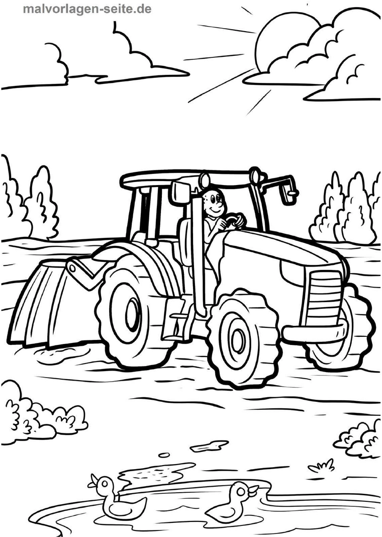 malvorlage-traktor-in-der-natur-mit-enten