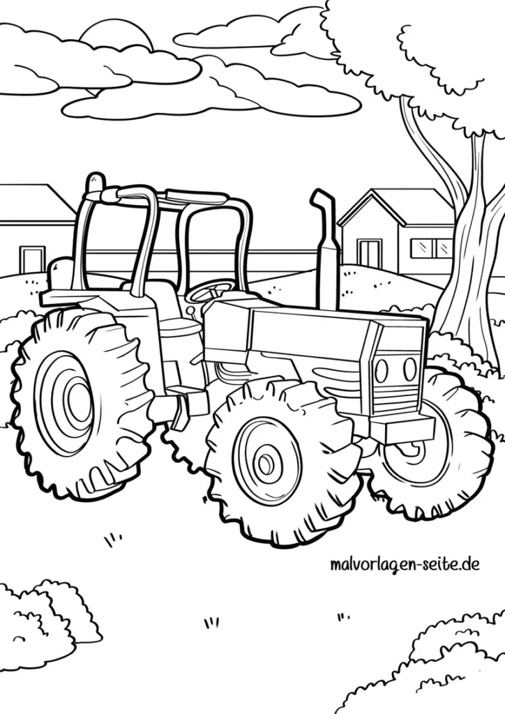 malvorlage-traktor-in-laendlicher-umgebung