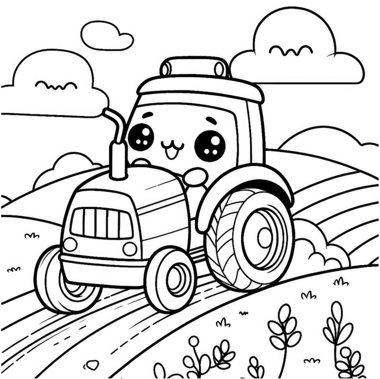 malvorlage-traktor-in-landschaft-ausmalbild