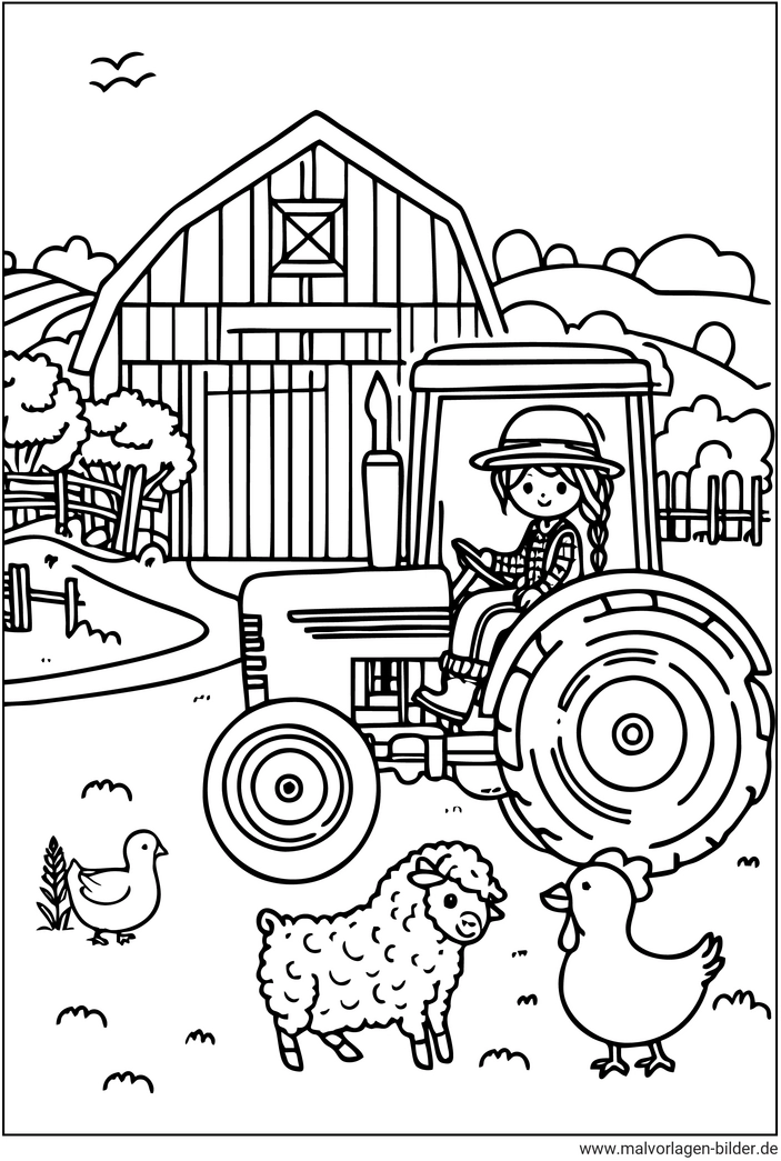 malvorlage-traktor-maedchen-bauernhof