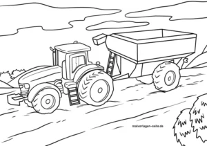malvorlage-traktor-mit-anhaenger-auf-feld