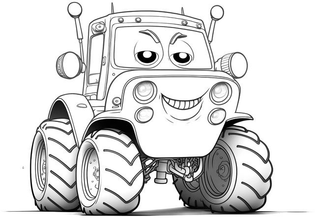 malvorlage-traktor-mit-grosser-reifen-und-lachen