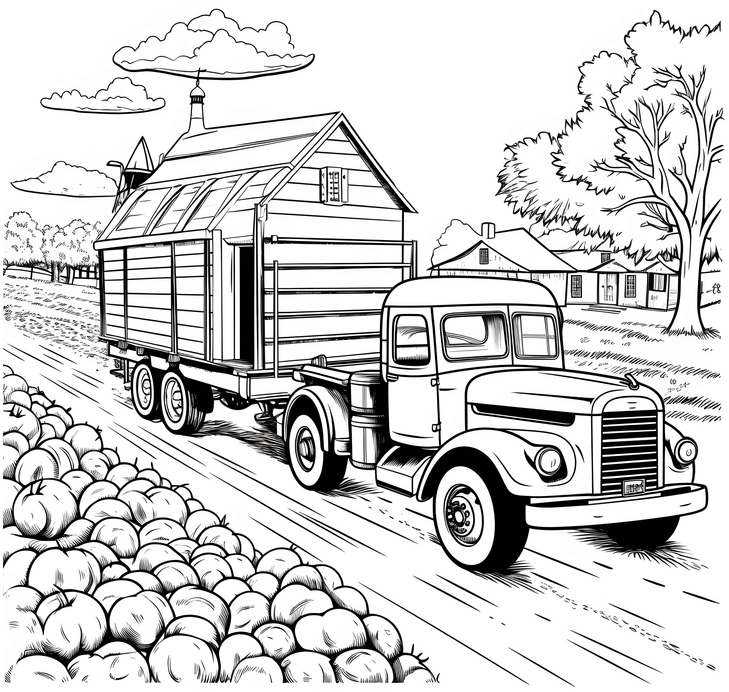malvorlage-traktor-mit-holzhaus-transportieren