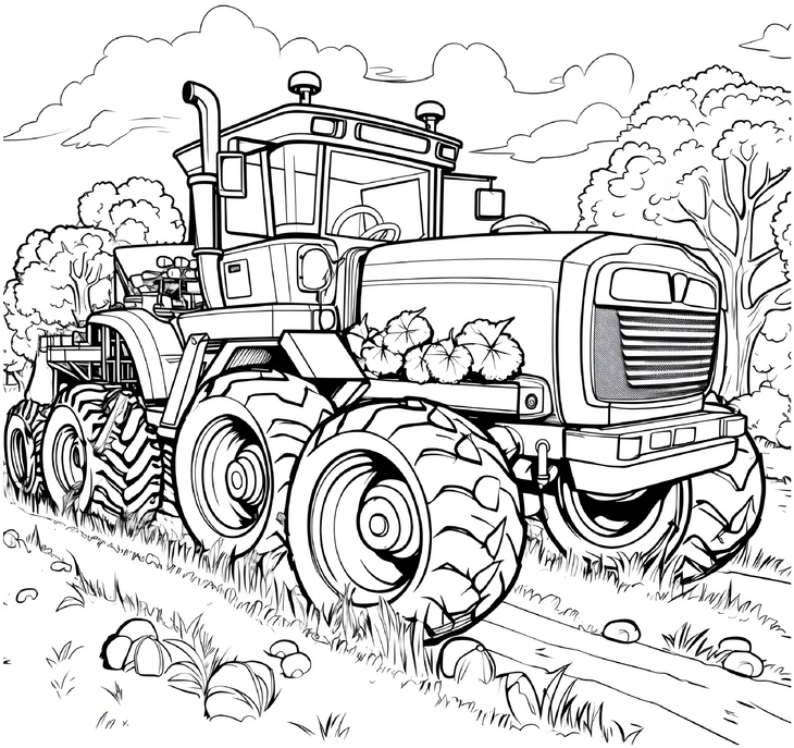 malvorlage-traktor-mit-pflanzen-an-der-seite