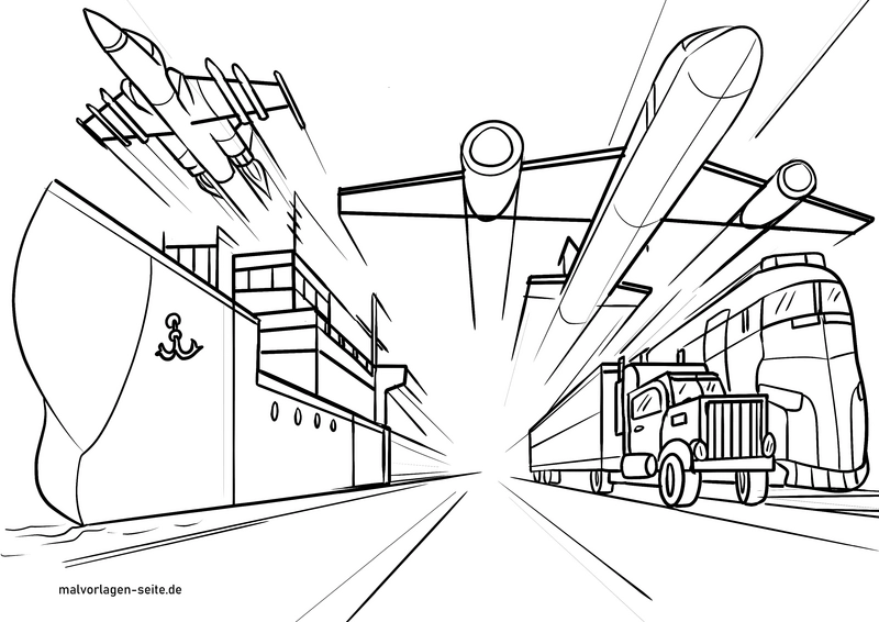 malvorlage-transportmittel-schiff-flugzeug-lkw
