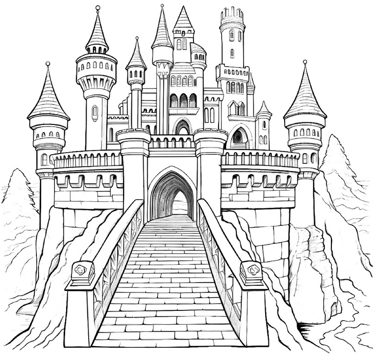 malvorlage-traumhaftes-schloss-mit-tuerme-und-steg
