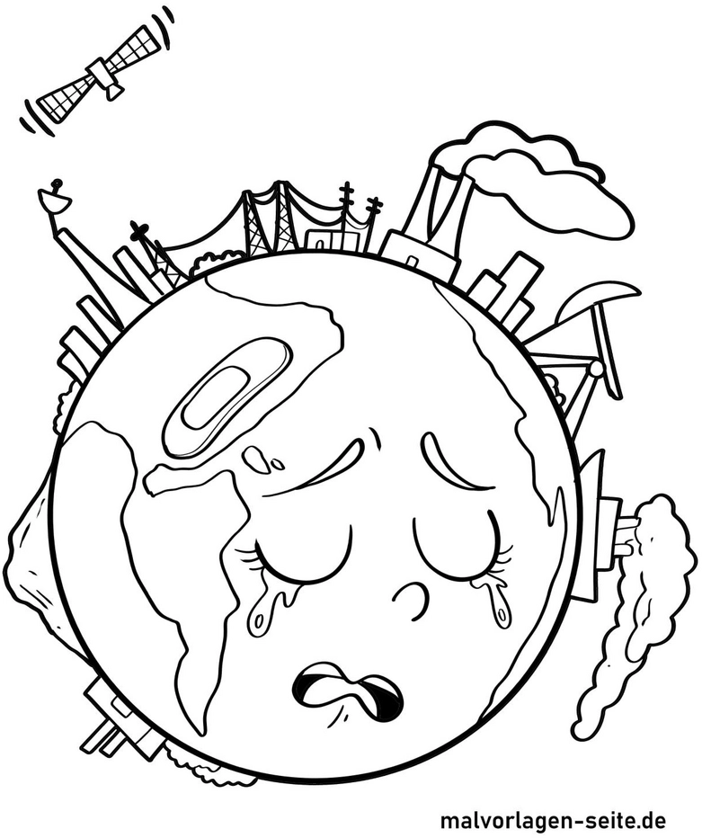 malvorlage-trauriger-planet-mit-umweltverschmutzung