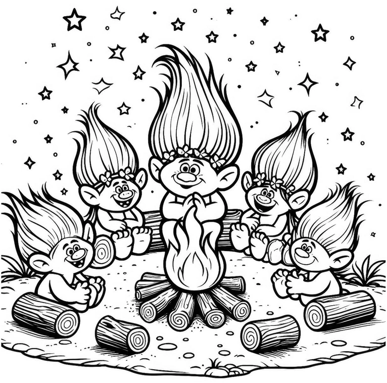 malvorlage-trolle-am-lagerfeuer-mit-sternen