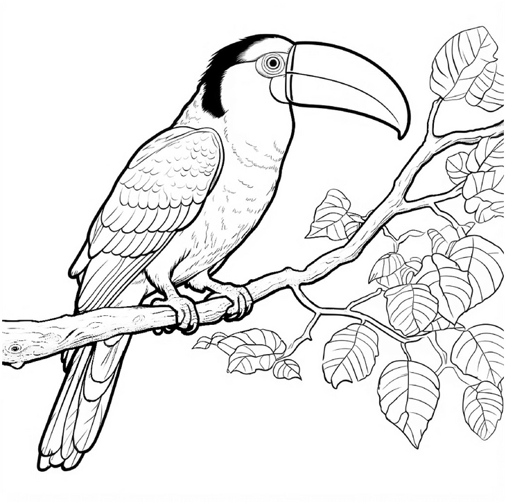 malvorlage-tukan-auf-ast-mit-details