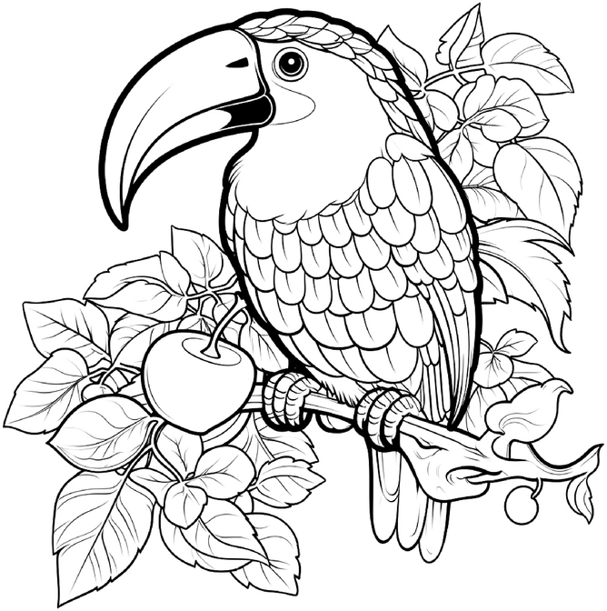 malvorlage-tukan-auf-ast-mit-pflanzen