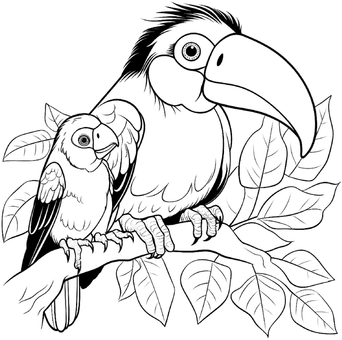 malvorlage-tukan-junger-vogel-auf-ast