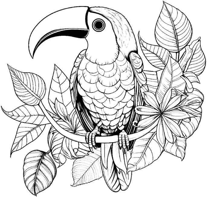 malvorlage-tukan-umgeben-von-pflanzen-und-blumen