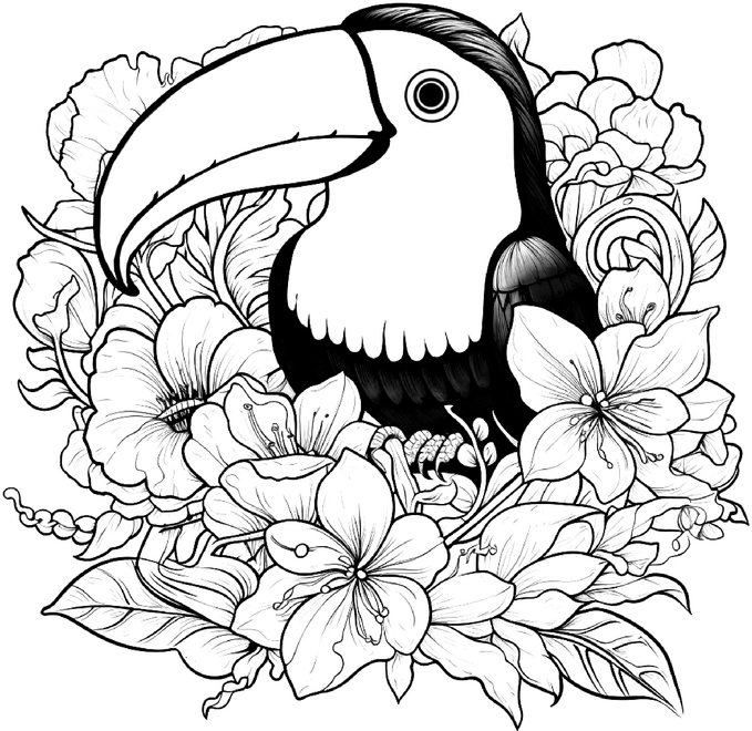 malvorlage-tukan-und-blumen