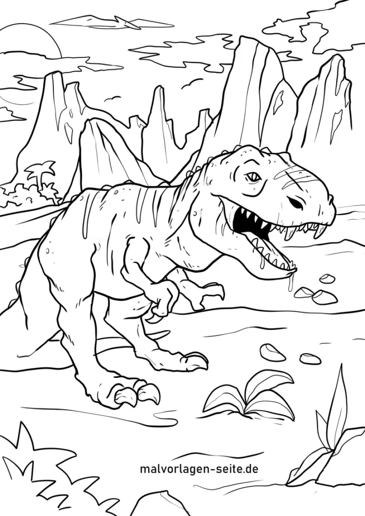 malvorlage-tyrannosaurus-rex-in-praehistorischer-landschaft