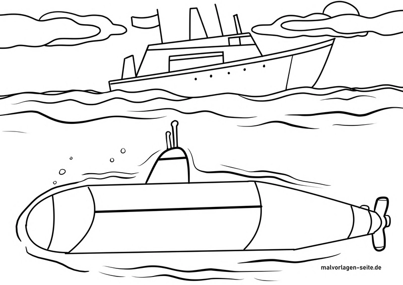 malvorlage-u-boot-und-schiff-im-wasser