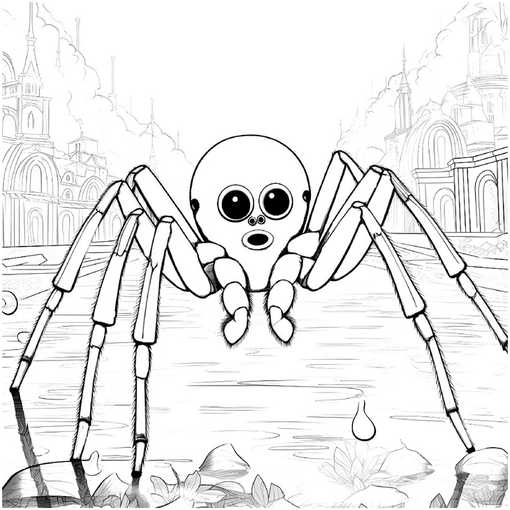 malvorlage-ueberraschte-spinne-in-fantasievoller-umgebung