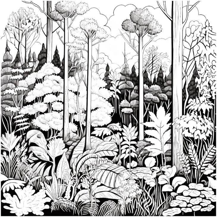 malvorlage-ueppiger-wald-mit-pflanzen-und-baeumen
