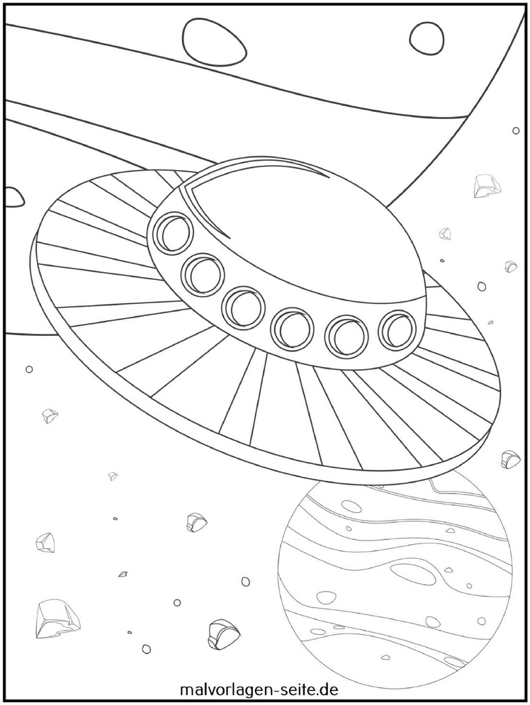 malvorlage-ufo-im-weltall-mit-planeten-und-sternen