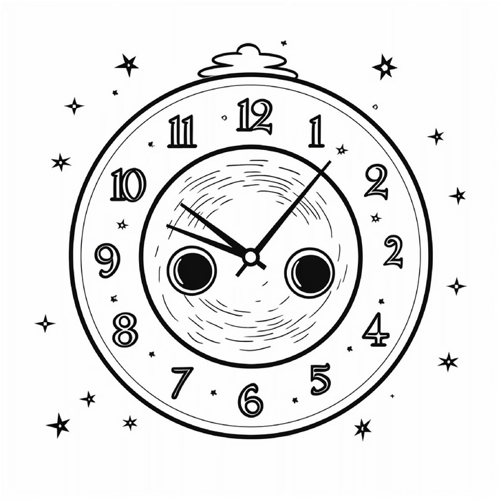 malvorlage-uhr-mit-gesicht-und-sternen