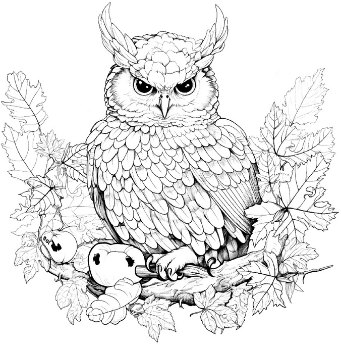 malvorlage-uhu-natur-blatt-umgebung