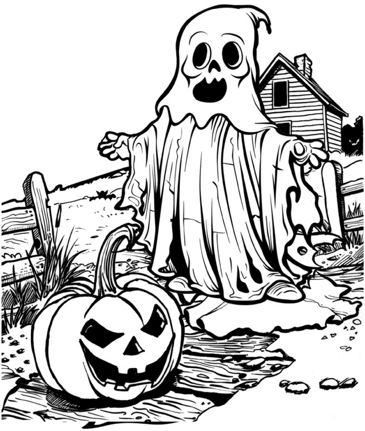 malvorlage-unheimlicher-geist-mit-kuerbis-fuer-halloween