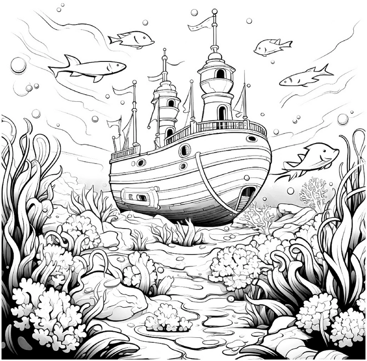 malvorlage-unterwasserschiff-mit-fischen-und-korallenriff