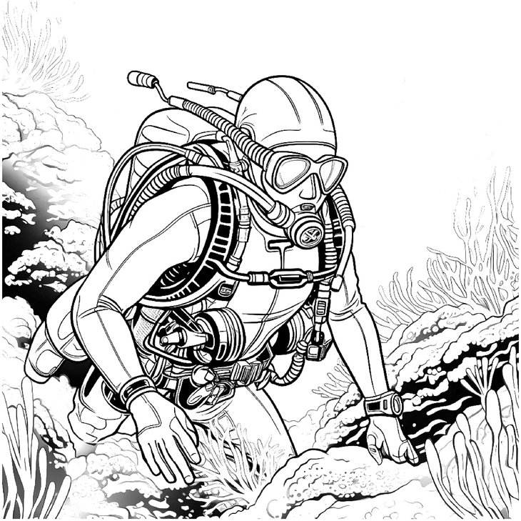 malvorlage-unterwassertaucher-und-meeresbewohner