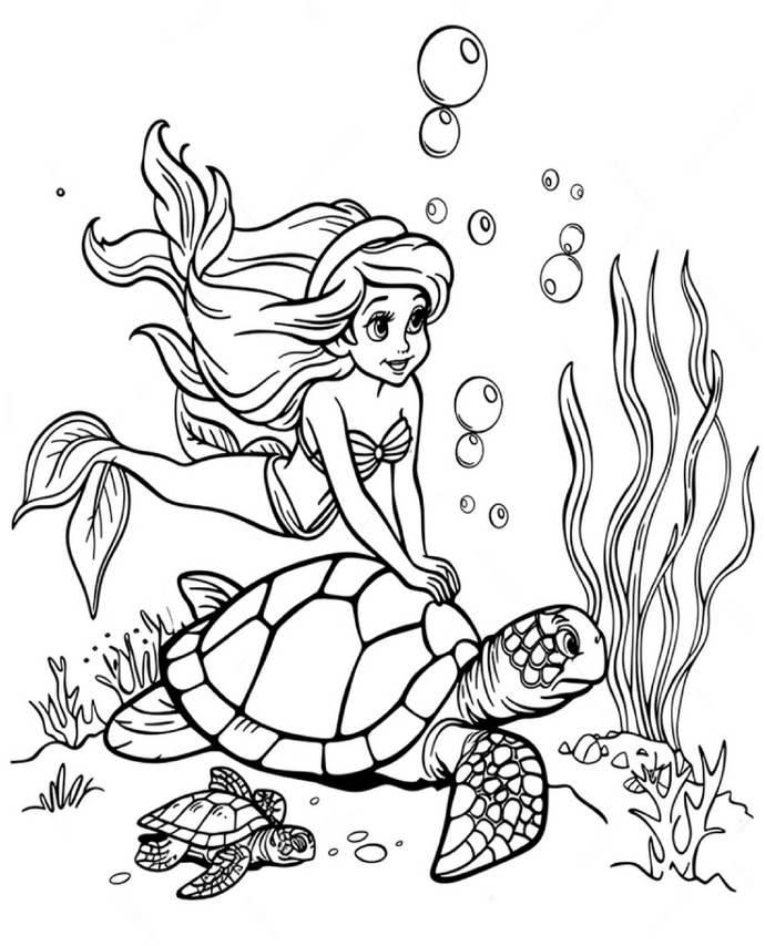 malvorlage-unterwasserwelt-mit-meeresschildkroete-und-maedchen