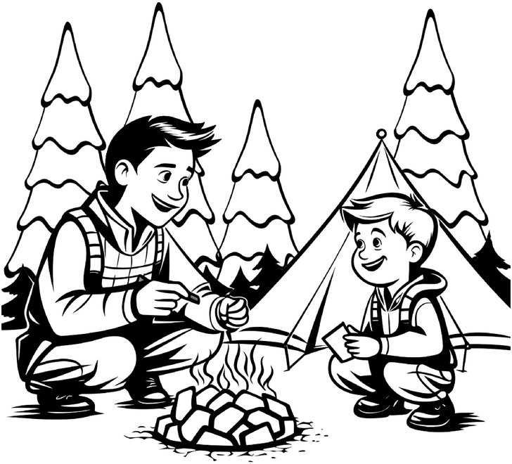 malvorlage-vater-sohn-am-lagerfeuer-mit-nadelbaeumen-und-zelt