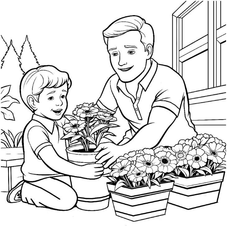 malvorlage-vater-und-sohn-beim-blumenpflanzen