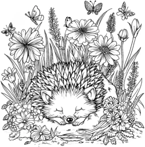 malvorlage-verschlafener-igel-in-blumenwiese